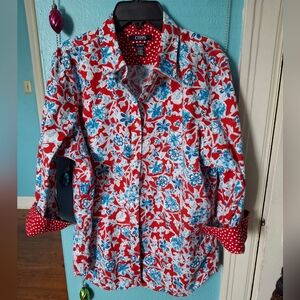 CHAPS Women's XL Blouse Red Polka Dot Trim W Red White & Blue Floral No Iron Exc